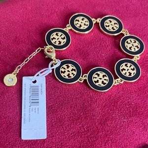 Tory Burch Black and Gold Logo Link Bracelet